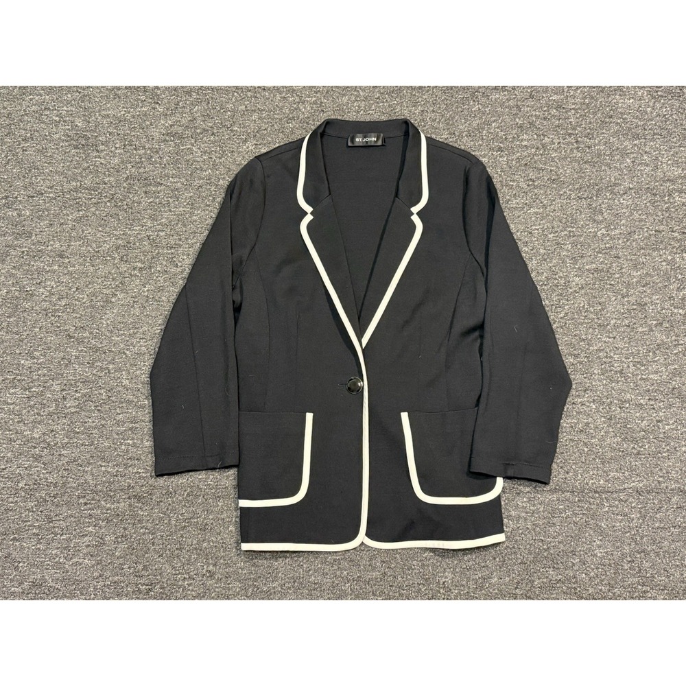 St John Blazer Coat Black Wool Silk  Single Button Trim Women's S/M
